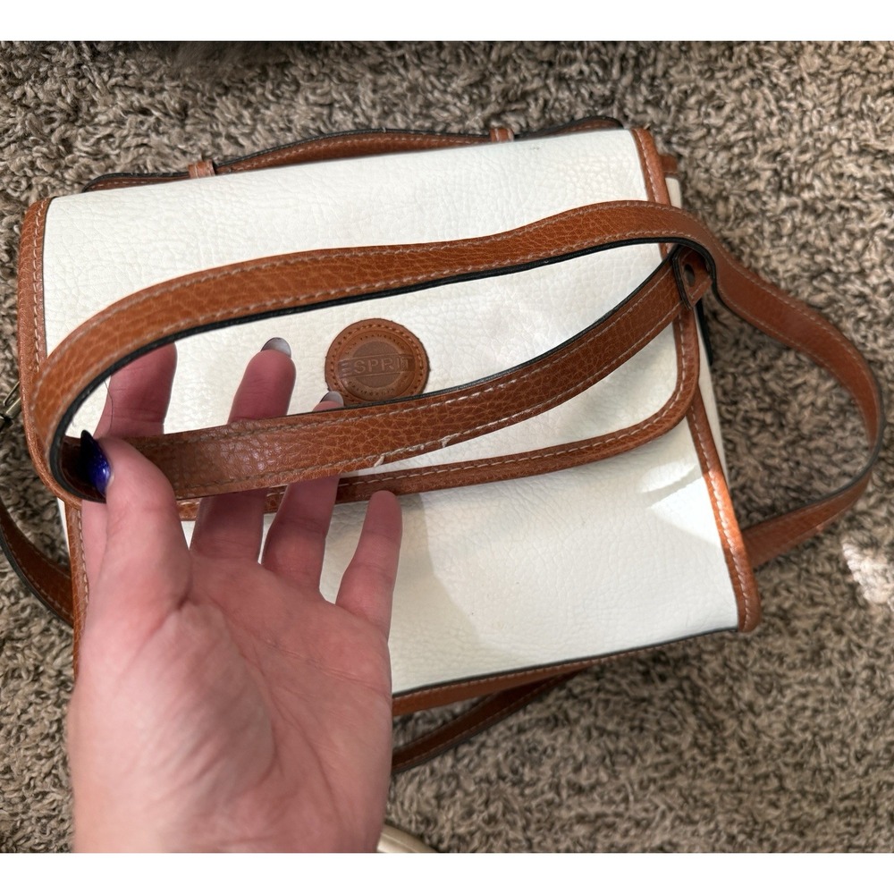 Vintage 90's Esprit Cross Body Purse‎ - White Pebble Texture with Brown Trim - Picture 6 of 7